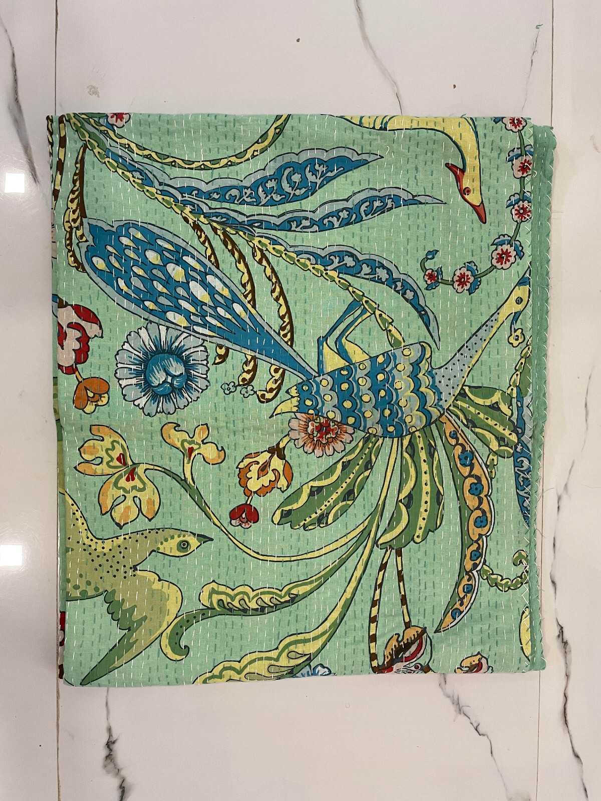 Green King Size Bird Handmade Kantha Quilt Throw Blanket Vintage Quilt Bedspread gallery
