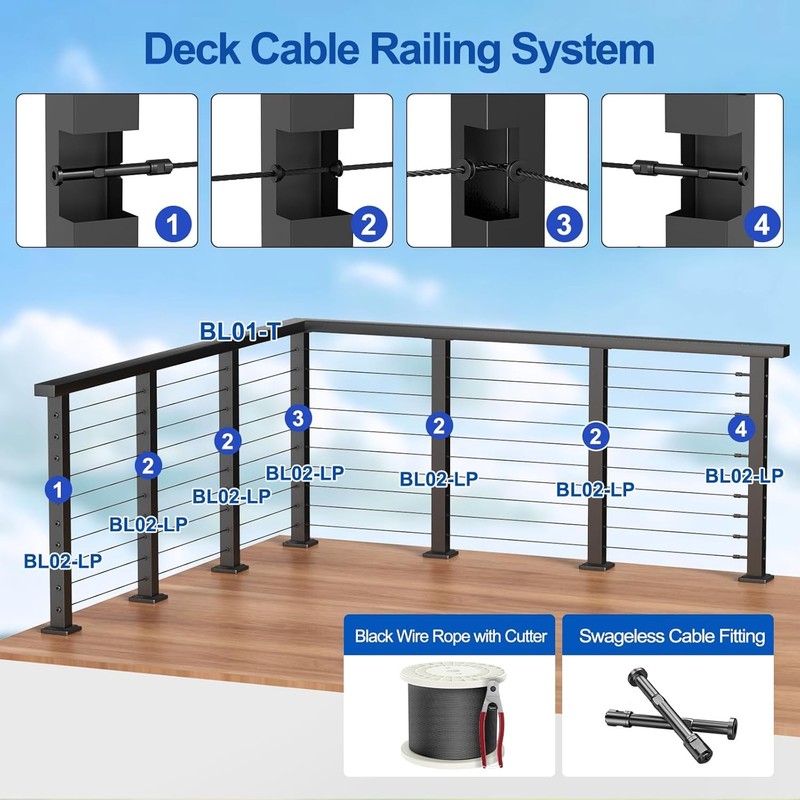 8-16FT Cable Railing Kit 36" Black Level Posts Swageless System 200FT 1/8" Stain gallery