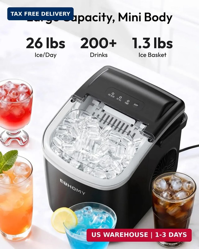 EUHOMY Countertop Ice Maker Machine with Handle, 26lbs in 24Hrs, 9 Ice Cubes Rea gallery