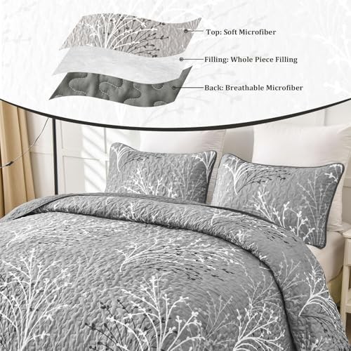 Quilt Set Size Branch Botanical Pattern Bedspread Coverlet Set, 3 Full Grey gallery