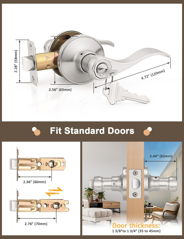 5 Pack Keyed Entry Lever with Same Key, Satin Nickel Wave Door Handle Set, Exter gallery