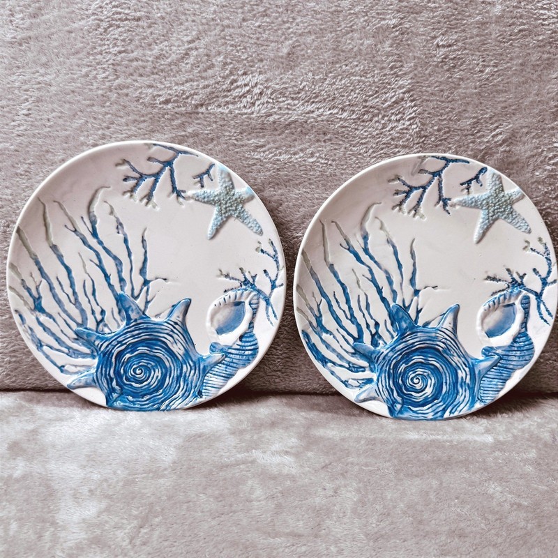 Cracker Barrel Hand Painted Stoneware Coastal Shell Starfish Salad Plates Set 2 gallery