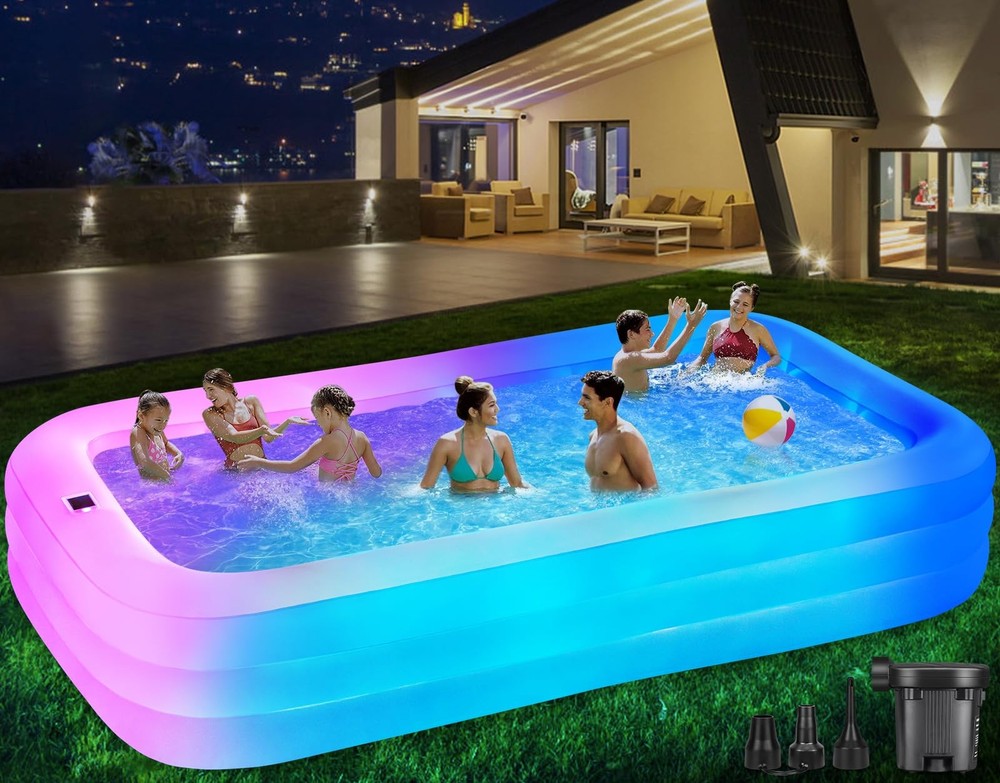 QIUJIN Large Solar Inflatable Pool with Lights 130 x72 x22 Oversized Thickened