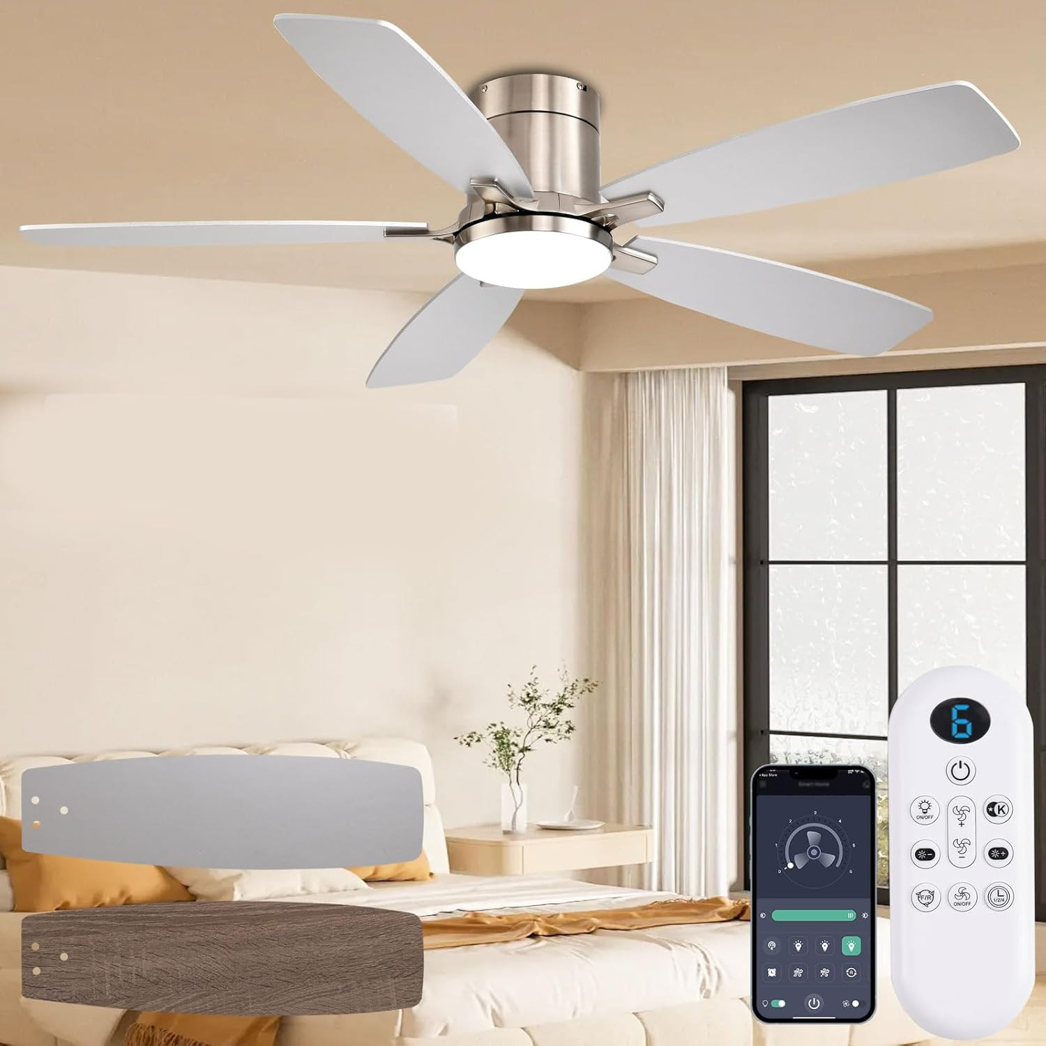 52 Inch Ceiling Fans with Lights, Flush Mount Ceiling Fan with Light and Remote/ gallery