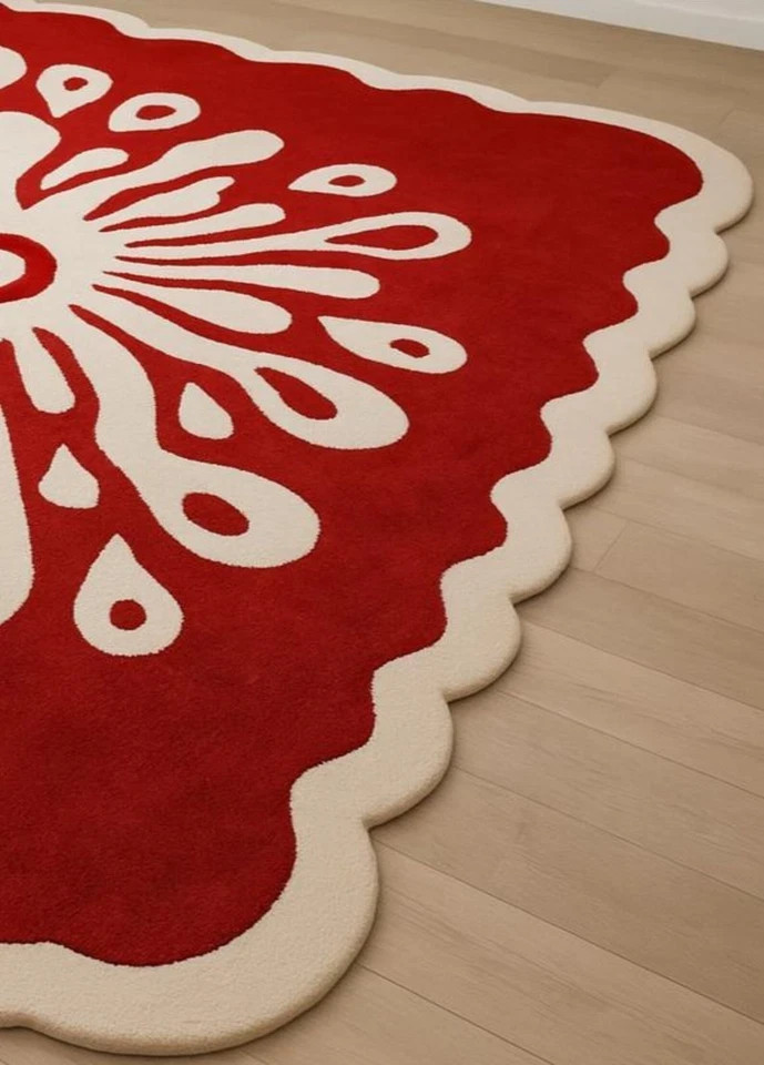 Hand-Tufted Wool Rug | Red & White Floral, Scalloped Edge gallery