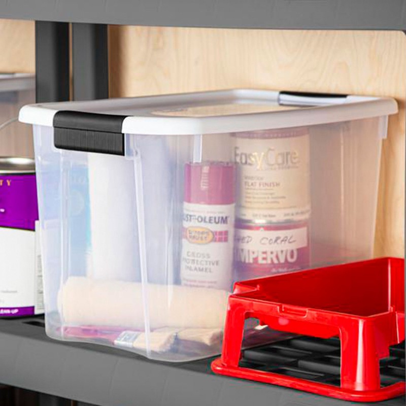 Sterilite 30 Qt Clear Plastic Stackable Storage Bin w/ Latch Lid, White (6 Pack) gallery