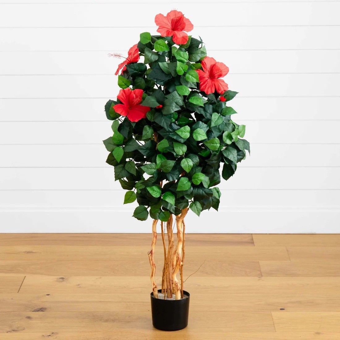 4’ Artificial Hibiscus Flowering Tree in Black Pot Planter, Red/Green Decor gallery