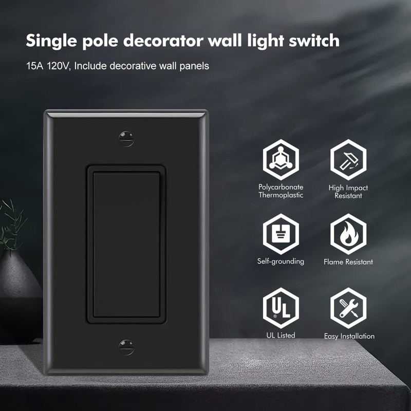 10 Pack Decora Light Switch Black, Single Pole Paddle Rocker,15A 120V/277V gallery