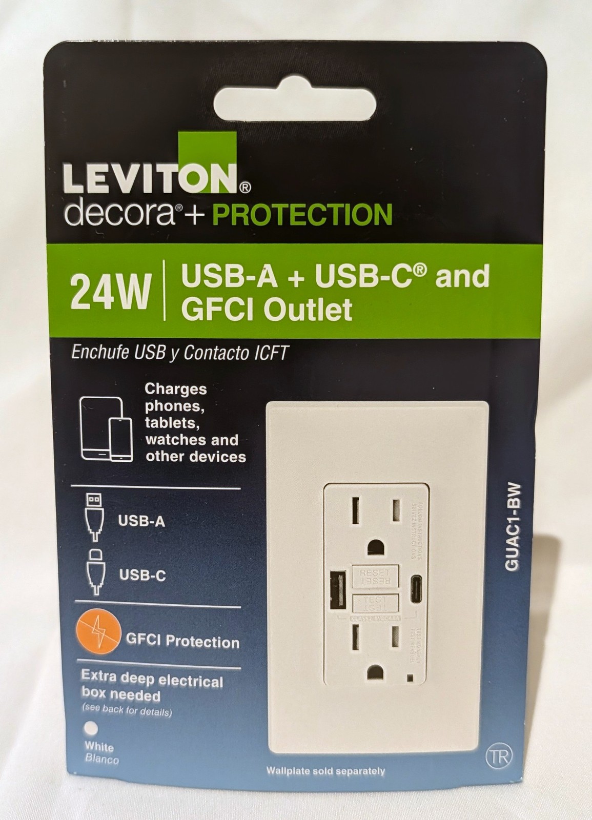 Leviton 24W USB (Type A/Type C) & GFCI Electrical Outlet - GUAC1-BW - NEW gallery
