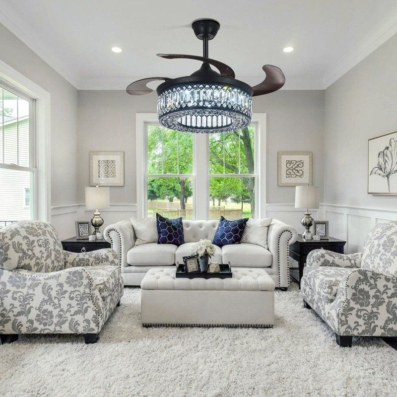 42" Retractable Ceiling Fan Crystal Chandelier Reversible Remote 6 Speed 3-Color gallery