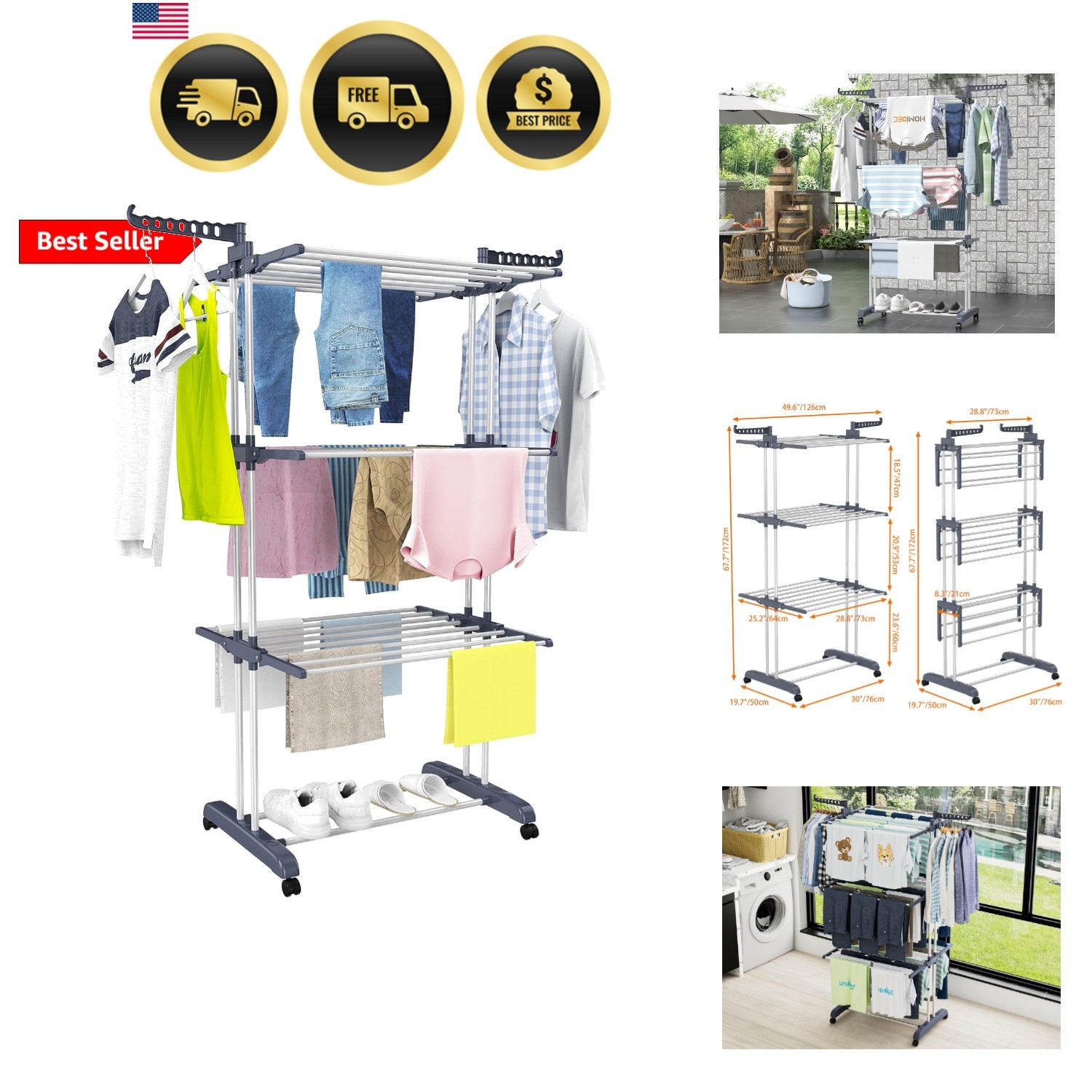 Clothes Drying Rack, Oversized 4-Tier67.7" High Foldable Stainless Steel Dryi... gallery