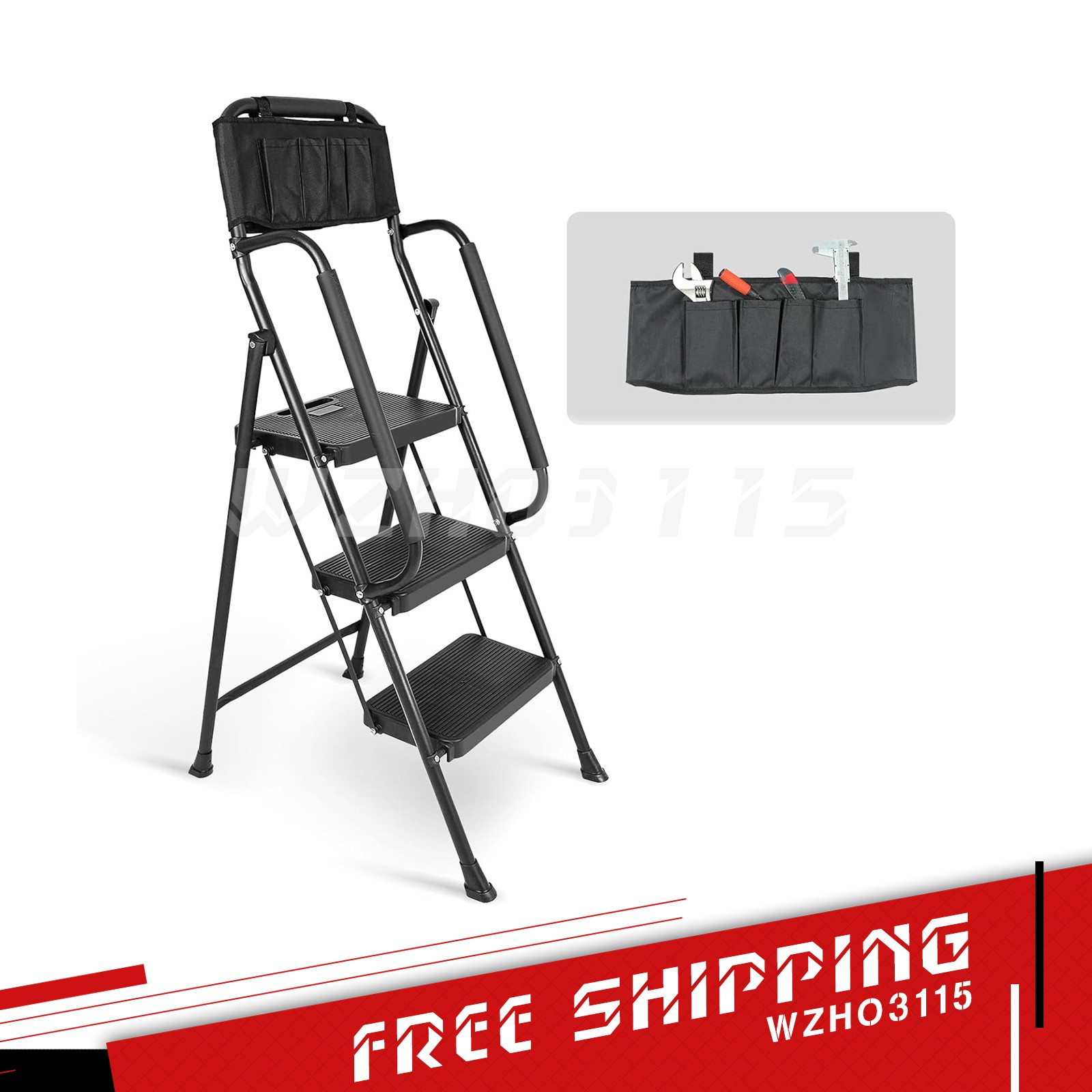 3 Step stool Ladder with Handrails 500 lbs folding Attachable Tool Black gallery