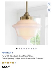 JONATHAN Y Adjustable Drop Metal/Glass LED Pendant, Brass Gold/White Kurtz
