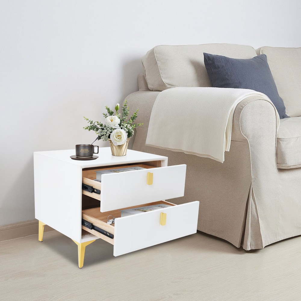 White Bedside Table, Storage Cabinet for the Bedroom, Side Table with 2-drawers