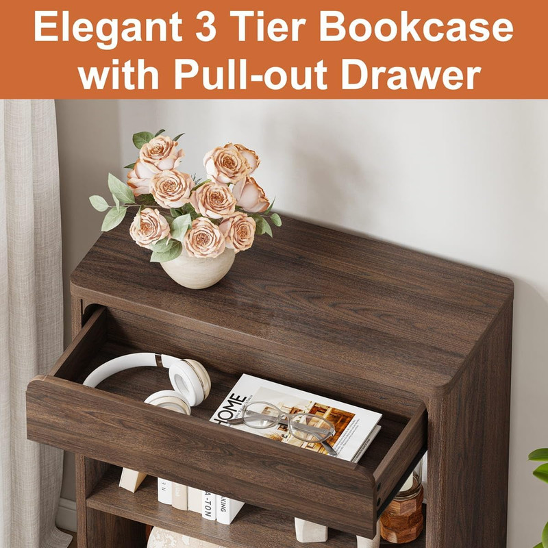 Rustic 3-Tier Bookshelf with Drawer - Modern Wood Storage Unit, Dark Walnut gallery