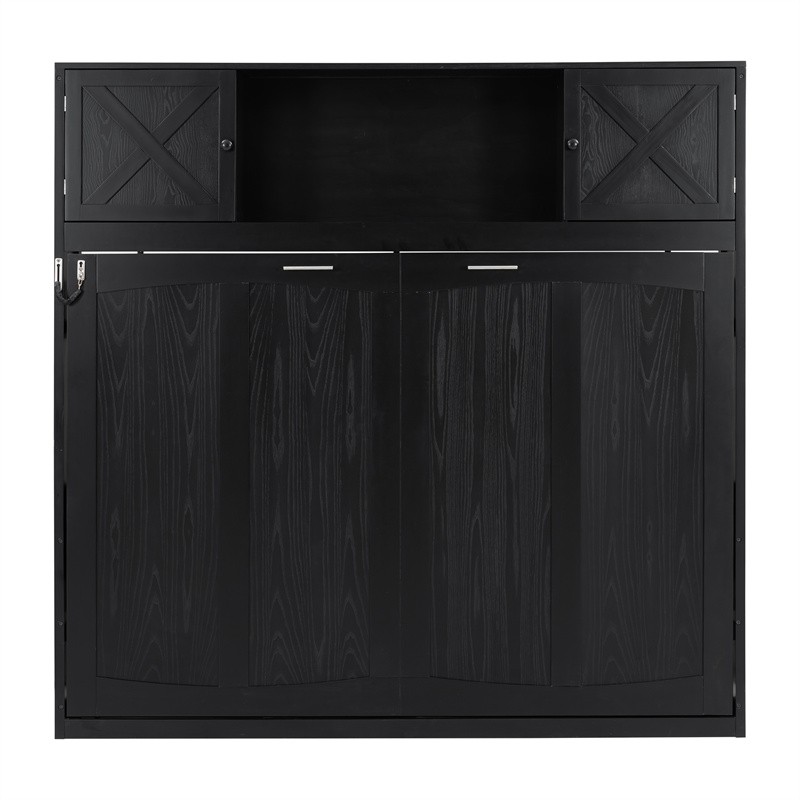 Full Size Murphy Wall Bed with Top Storage Cabinets Retro Wood Cabinet Bed,Black gallery