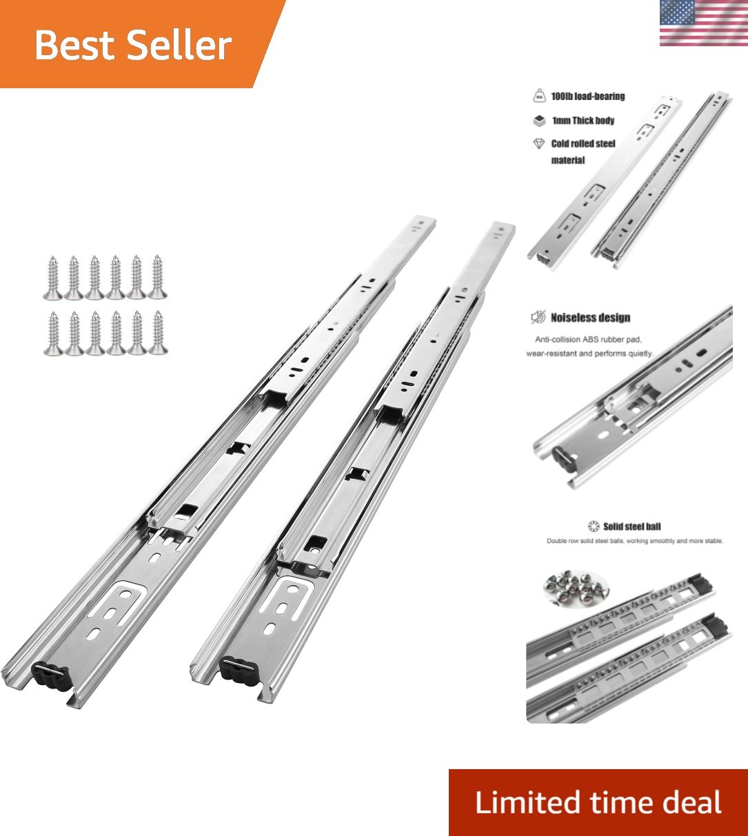 5 Pair 18 Inch Ball Bearing Drawer Slides - 100 LB Capacity Side Mount Rails gallery