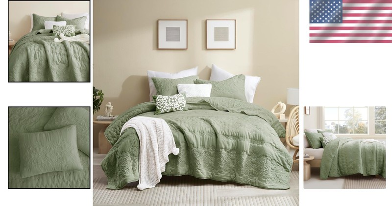 Boho Green Quilt Set King Size Bedding Comforter with Pillow Shams Floral gallery