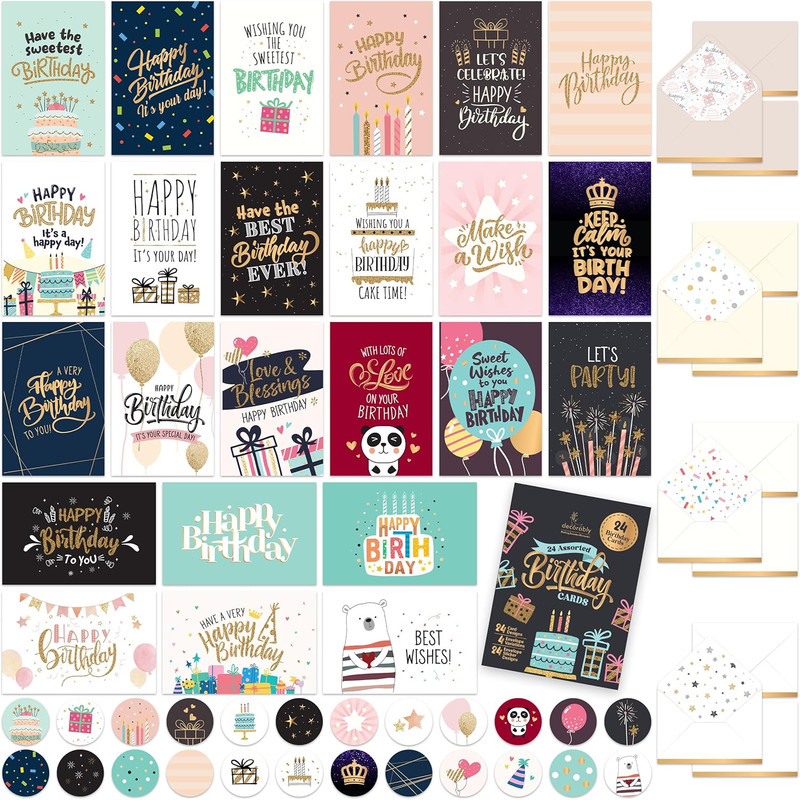 24 Pack Foil and Glittery 6x4in Assorted Birthday Cards with Envelopes and Stick gallery