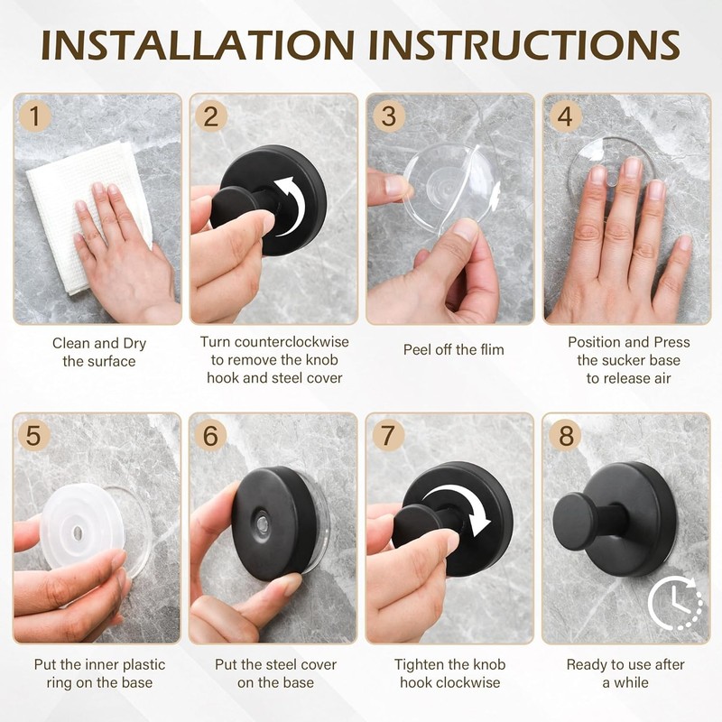 4× Removable Heavy Duty Suction Cup Hooks for Shower, Towel Hook [Matte Black] gallery