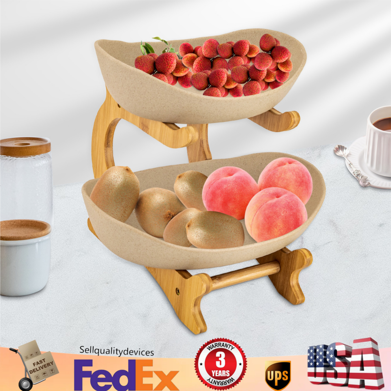 Fruit Basket Bamboo Ceramic Fruit Storage Bowl 2 Tier For Vegetable Snack Box gallery
