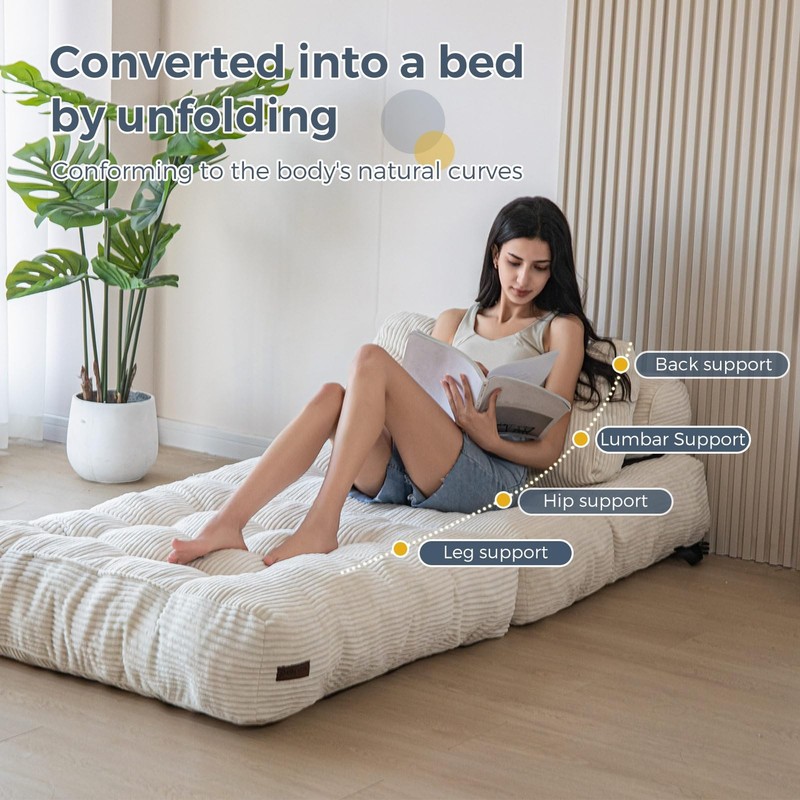 Folding Sofa Bed Convertible Sleeper Chair Foldable Mattress Beige Single Pillow gallery