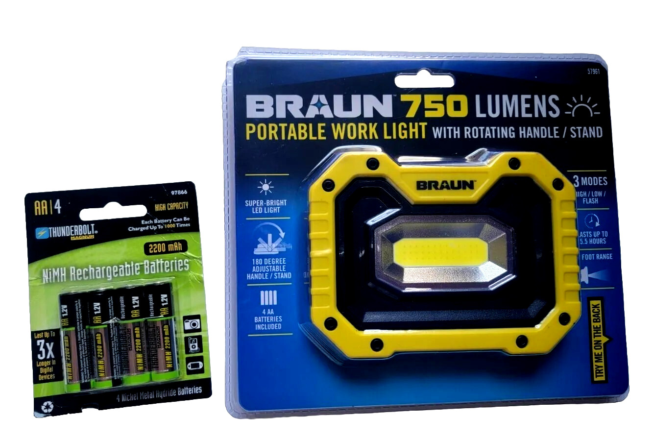 Braun 750 Lumens Portable Worklight With 4 AA Rechargeables Batteries gallery