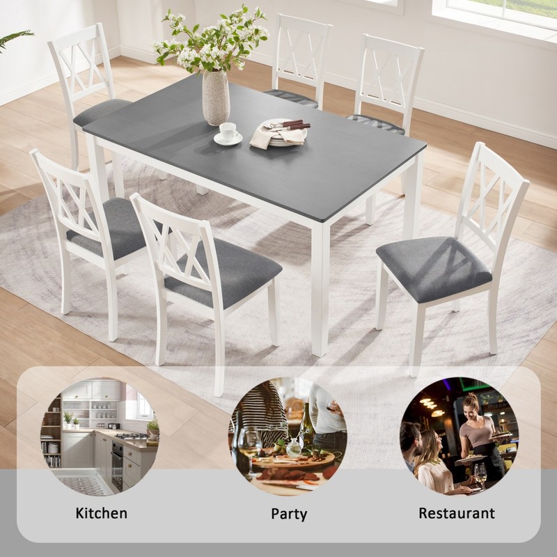 7 Piece Modern Solid Wood Frame Dining Table Set w/ 6 Linen Upholstered Chairs gallery