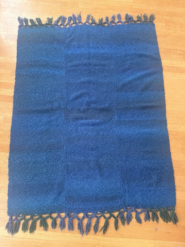 Vintage Hand Loomed Artisan Throw Blanket Heavy Woven Teal Fringe 48x60 gallery