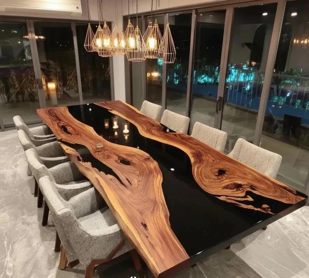 Black Epoxy Walnut River Table Top 60x36 Live Edge Luxury Dining