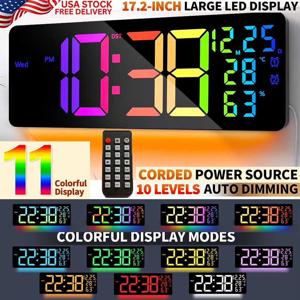 17.2" LARGE LED WALL CLOCK DIGITAL RGB REMOTE ALARM WEEK DATE TEMP HUMIDITY BEST gallery