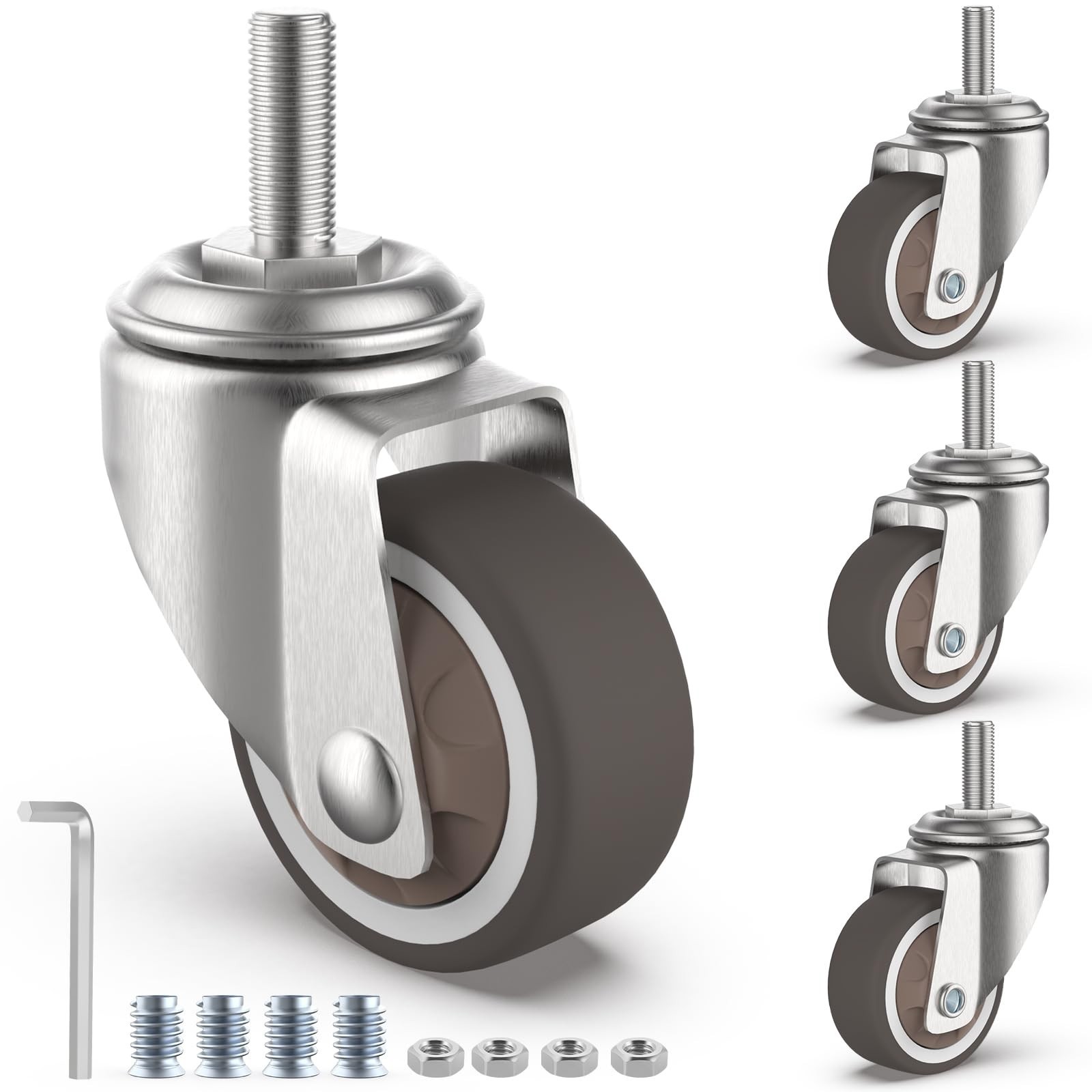1.25" Small Threaded Stem Casters, M6 Swivel Furniture Wheels, TPR Silent, gallery