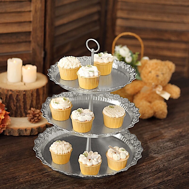15" Metallic Silver 3 Tier Plastic Cupcake Stand Round Tower Lace Cut Trim Party gallery