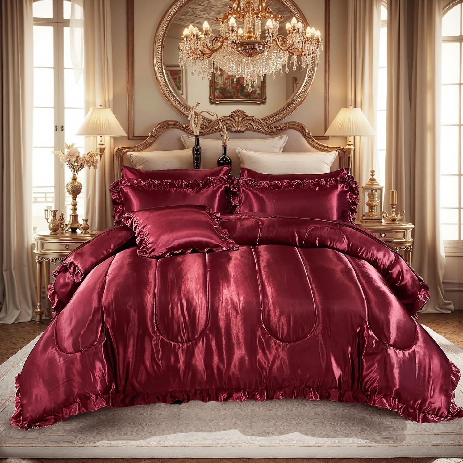 Silk Like Satin Comforter Set with Sheet Set King 8 Pcs Burgundy Satin Bedding S gallery