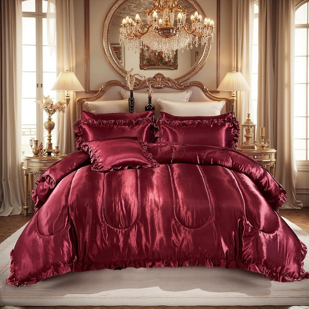 Silk Like Satin Comforter Set with Sheet Set King 8 Pcs Burgundy Satin Bedding S