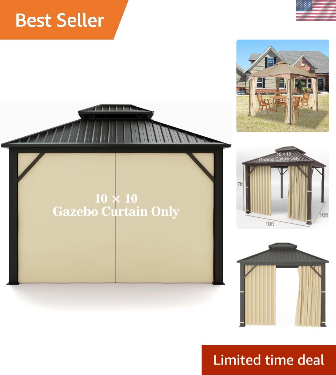 Durable 10' x 10' Water-Resistant Gazebo Privacy Curtain with Zipper – Beige gallery