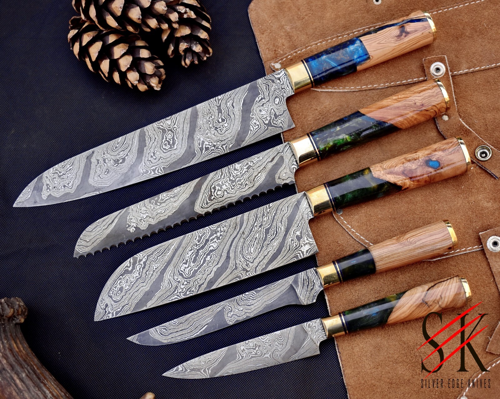 CUSTOM HANDMADE FORGED DAMASCUS STEEL CHEF KNIFE SET KITCHEN KNIVES SET of 5 gallery