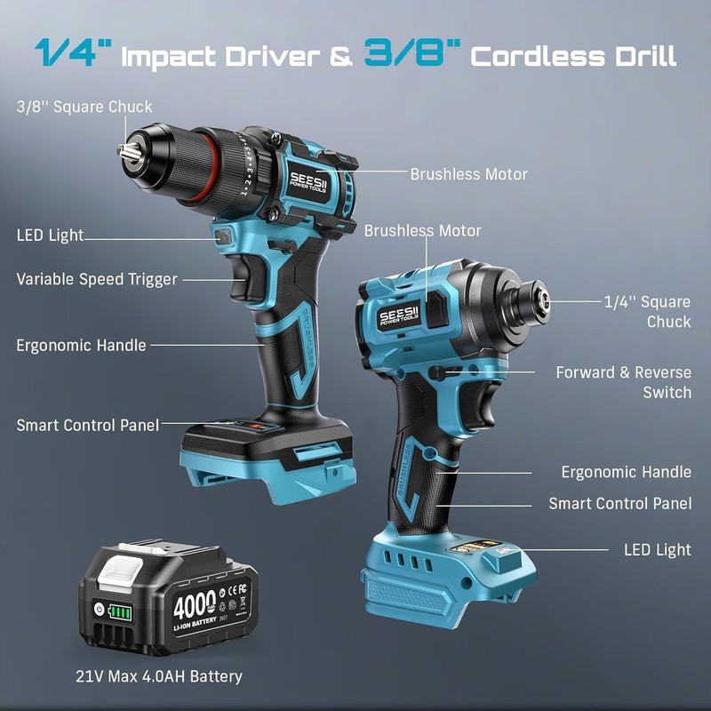 Electric 3/8'' Drill & 1/4'' Cordless Impact Driver Brushless 2 Tool Combo Kit gallery