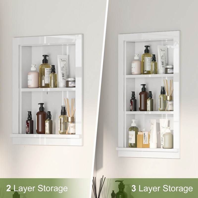 2-Tier High Gloss White Solid Wood Shower Niche Modern In-Wall Bathroom Storage gallery