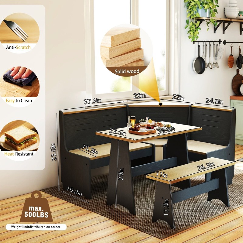 Corner Breakfast Nook Dining Set L-Shape Kitchen Table Bench Chairs Space Saving gallery