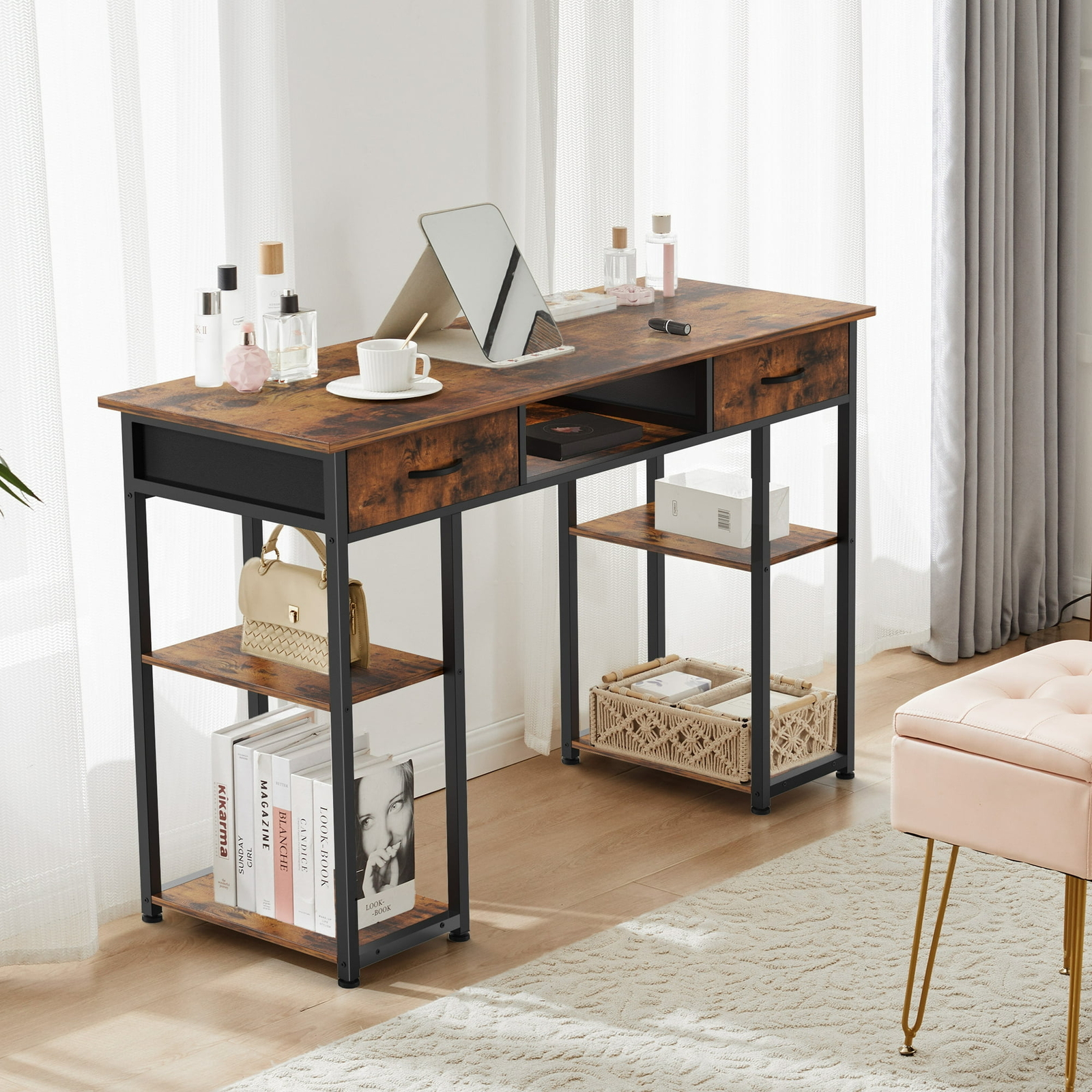 JHK 48 inch Home Standing Computer Desk Small Office Table with 3 Fabric Drawers gallery