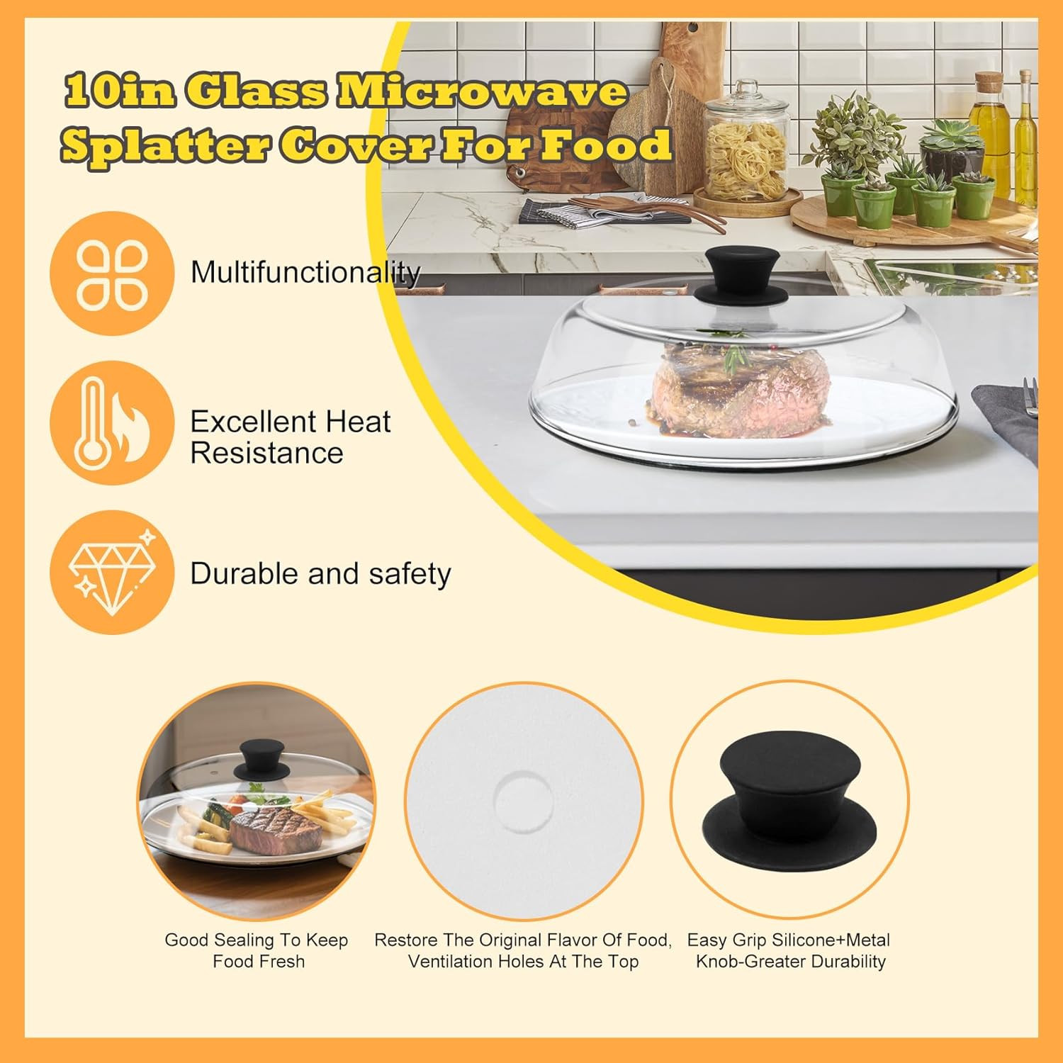 10In Glass Microwave Splatter Cover Food Silicone Mat Plate Lid Vent Holes Grade gallery