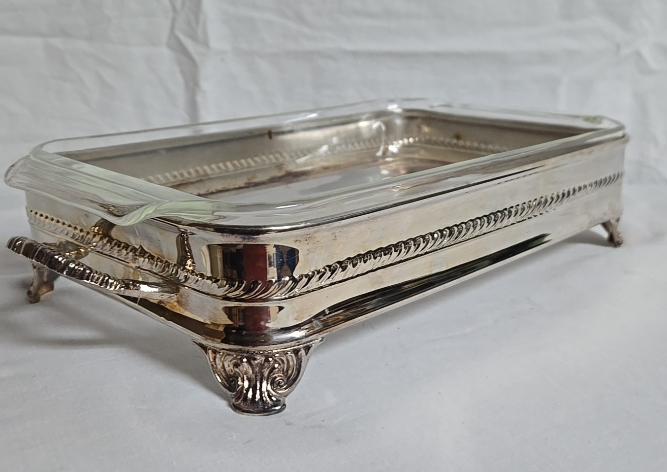 VTG Silver Plated Retangle Chafing Serving Footed Dish W/Fire King Glass Insert gallery