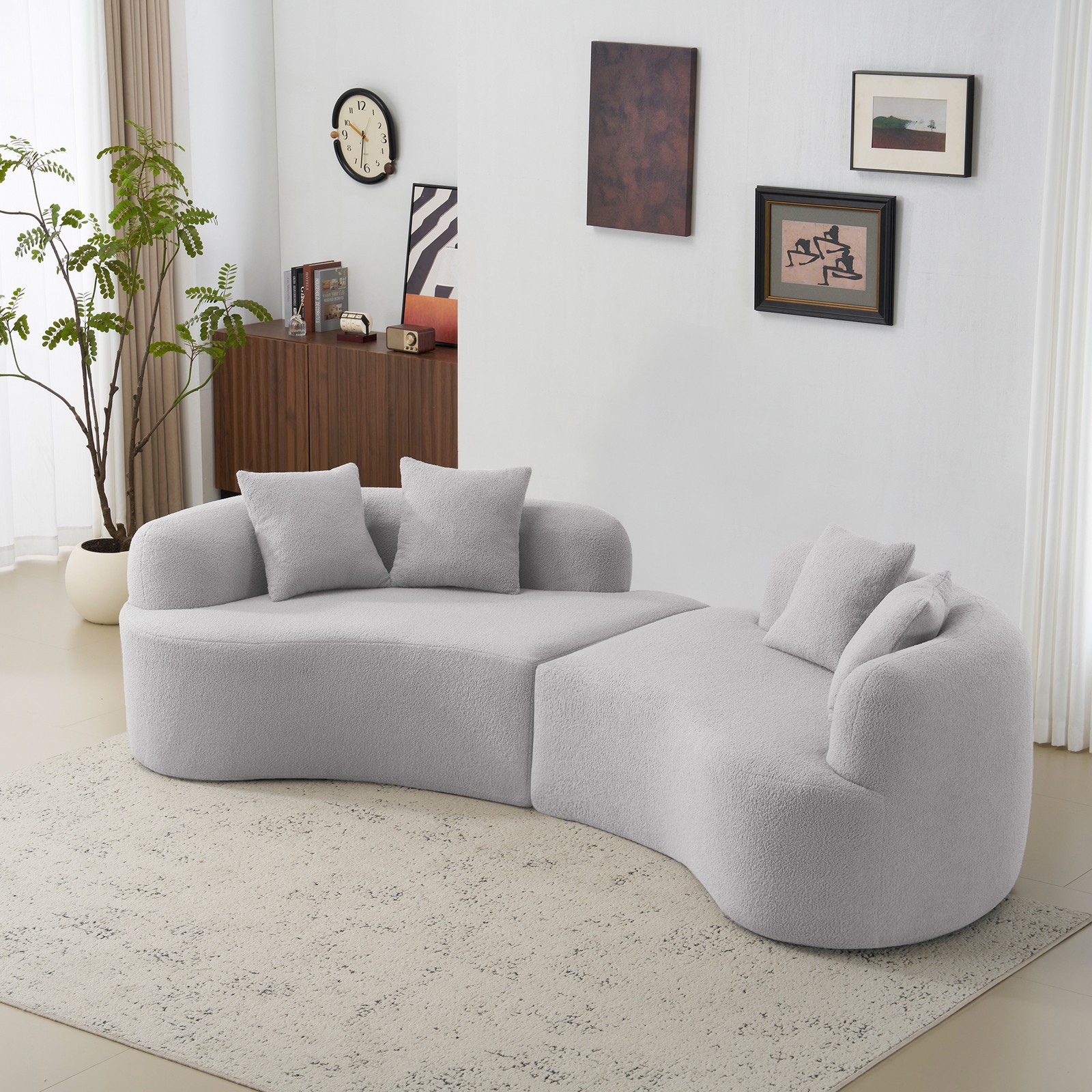 Curved Four Seater Grey Full Compression Sponge Sofa, Teddy Velvet Fabric, No-As gallery