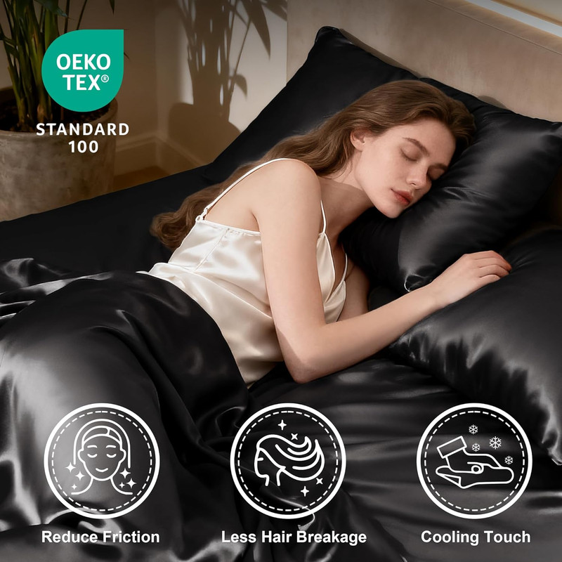 Satin Queen Sheets Set - 4 Piece Black Silky Bed Sheets Set with Deep Pocket, Lu gallery