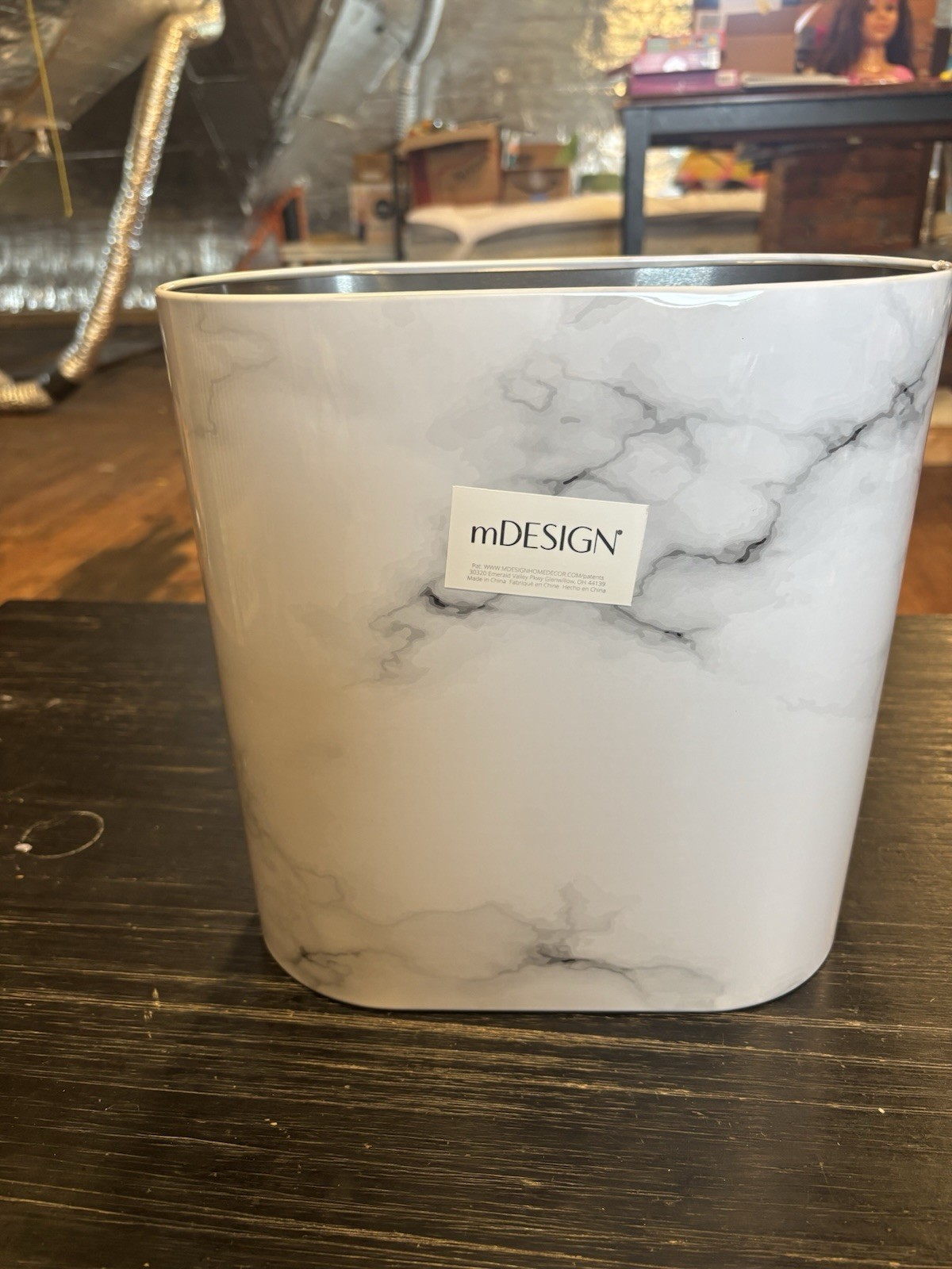 mDesign Mirri Slim Oval Metal Wastebasket, 3 Gal, White Marble 10x6x10 gallery