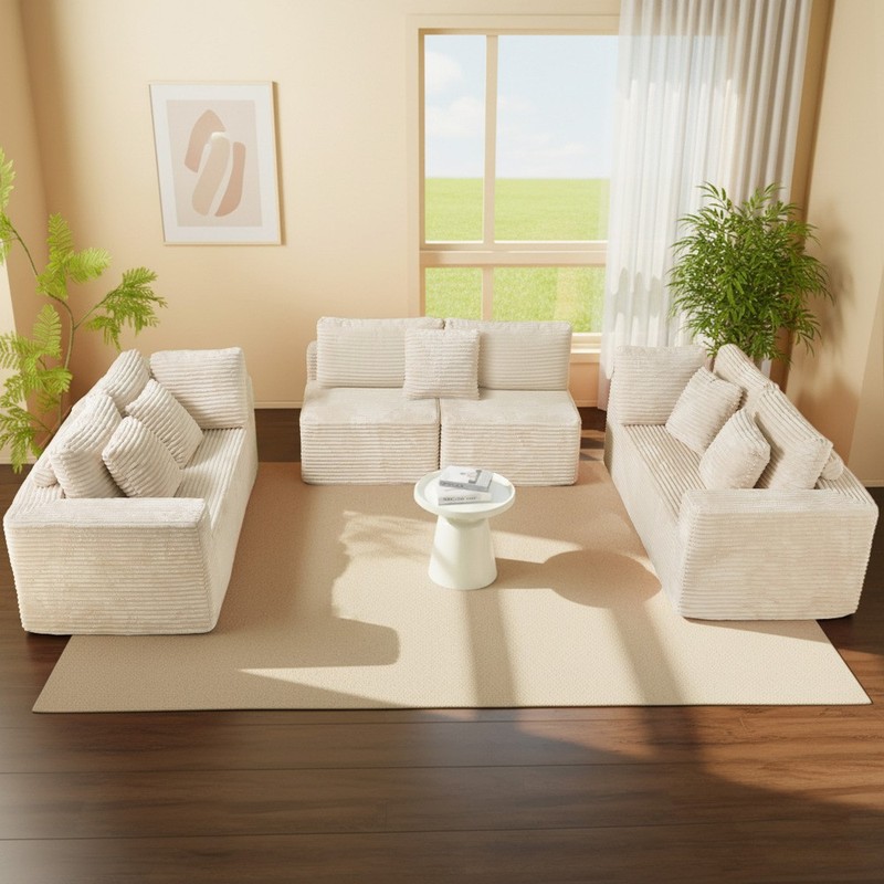 135" Beige Corduroy U-Shaped Modular Sofa 6-Seat Reversible Chaise Easy Assembly gallery