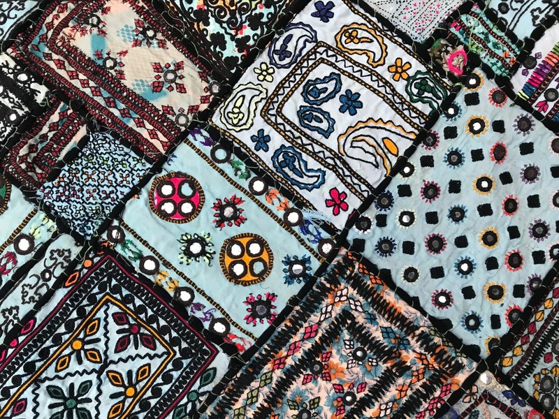 Blue patchwork mirror wall tapestry sindhi india pakistan 26"x54" gallery