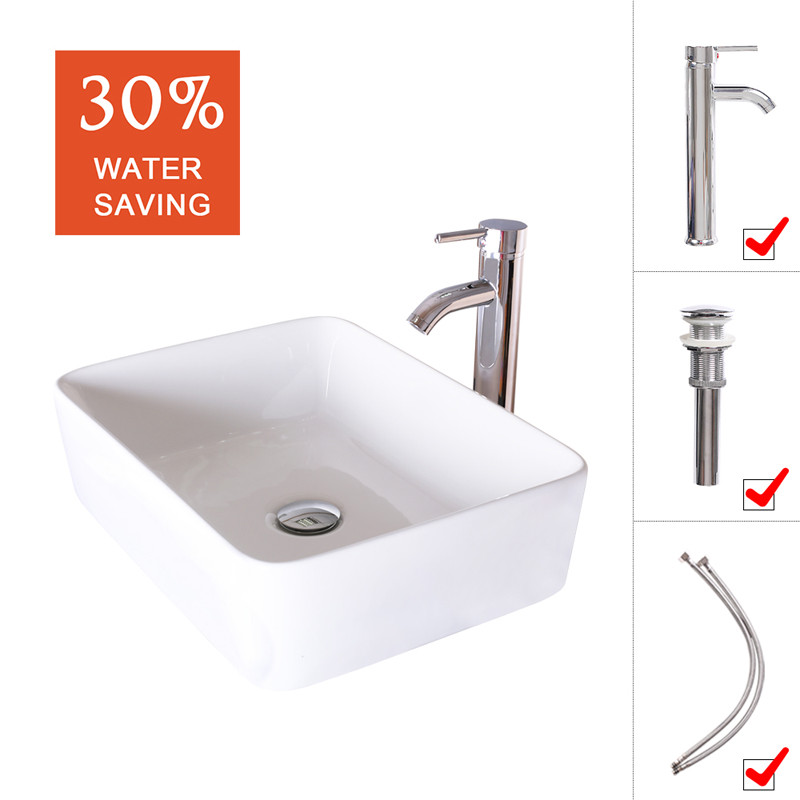 Bathroom Ceramic Vessel Sink White Rectangle Faucet Bowl Pop Up Drain Top Combo gallery