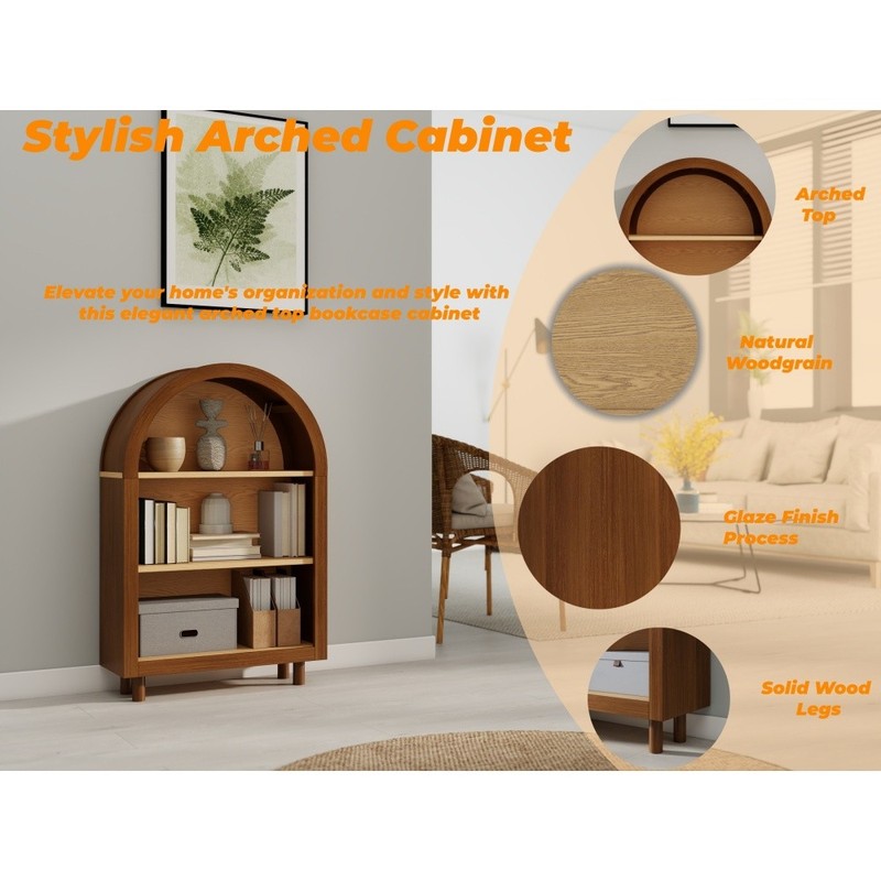 Arched Small Bookcase, Walnut 3-Tier Storage Cabinet with Glaze Finish gallery